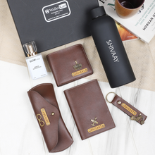 Load image into Gallery viewer, Personalized Leather Name Men&#39;s Wallet Keychain Passport Cover Eyewear H2GO Bottle and Perfume | Customised  Gift (6 in 1 ) Combo for Boyfriend Friend Husband Father &amp; Son
