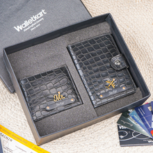 Load image into Gallery viewer, Personalized Wallet &amp; Passport Holder Combo for Men with Custom Name &amp; Charm | Textured Bi-Fold Wallet &amp; Travel Passport Cover | 2-Piece Gift Box for Husband, Boyfriend &amp; Brother
