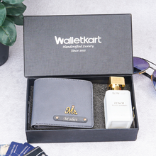 Load image into Gallery viewer, Personalised 2-in-1 Leather Name Men's Wallet with charm and Name Engraved on Parfume Bottle
