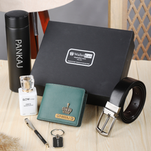 Load image into Gallery viewer, Personalized  Leather Name Men&#39;s Wallet Metal keychain Belt Pen Perfume and Temperature Bottle | Customised Gift ( 6 in 1 ) Combo for Boyfriend Friend Husband Father &amp; Son
