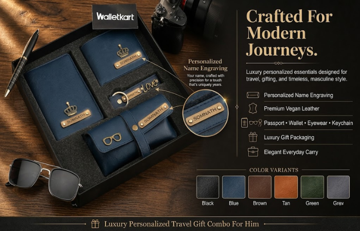 Personalised Men's Wallet, Keychain, Eyewear Case & Passport Cover with Name. & Charm Gift Combo