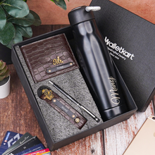 Load image into Gallery viewer, Personalized Gift Set for Men with Custom Name | Textured Bi-Fold Wallet, Personalized Bottle, Keychain &amp; Pen | Premium 4-in-1 Accessories Gift Box Combo for Men
