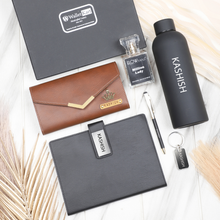 Load image into Gallery viewer, Personalized Leather Name Women&#39;s Clutch Metal Keychain Dairy Pen Perfume and H2GO Bottle | Best Customized ( 6 in 1 ) Gift Combo for Girlfriend Friend Wife Mother &amp; Sister
