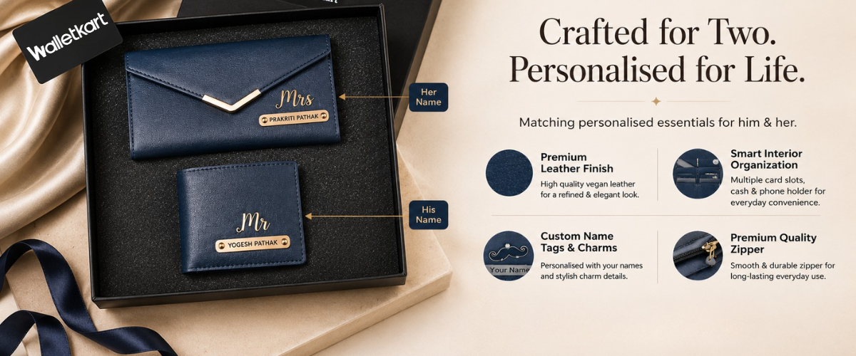 Personalised Leather Name Men’s Wallet & Women’s Clutch Combo for Couple with Name & Charm