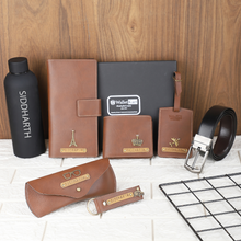 Load image into Gallery viewer, Personalized Leather Name Men&#39;s Wallet Keychain Eyewear Luggage Tag Travel Wallet Belt and H2GO Bottle | Customised Gift (7 in 1 ) combo for Boyfriend Husband Father &amp; Son
