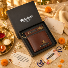 Load image into Gallery viewer, Raksha Bandhan Special: Custom Leather Wallet, Keychain &amp; Evil Eye Rakhi for Your Brother
