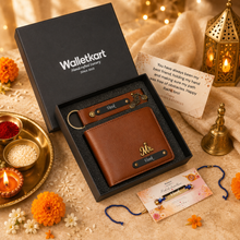 Load image into Gallery viewer, Raksha Bandhan Special: Custom Leather Wallet, Keychain &amp; Evil Eye Rakhi for Your Brother
