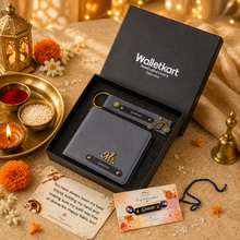 Load image into Gallery viewer, Raksha Bandhan Special: Custom Leather Wallet, Keychain &amp; Evil Eye Rakhi for Your Brother
