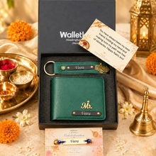 Load image into Gallery viewer, Raksha Bandhan Special: Custom Leather Wallet, Keychain &amp; Evil Eye Rakhi for Your Brother
