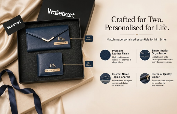 Personalised Leather Name Men’s Wallet & Women’s Clutch Combo for Couple with Name & Charm
