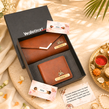Load image into Gallery viewer, A Bond Beyond – Personalized Wallet, Clutch &amp; Rakhi Combo for Bhaiya-Bhabhi
