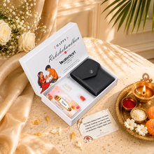 Load image into Gallery viewer, Vegan Leather Pull-Tab Card Holder Wallet for Men &amp; Women with Personalized Rudraksha Rakhi, Roli &amp; Chawal | Slim Wallet | Premium Raksha Bandhan Gift (Style ID #43)
