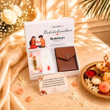 Load image into Gallery viewer, Vegan Leather Pull-Tab Card Holder Wallet for Men &amp; Women with Personalized Rudraksha Rakhi, Roli &amp; Chawal | Slim Wallet | Premium Raksha Bandhan Gift (Style ID #43)
