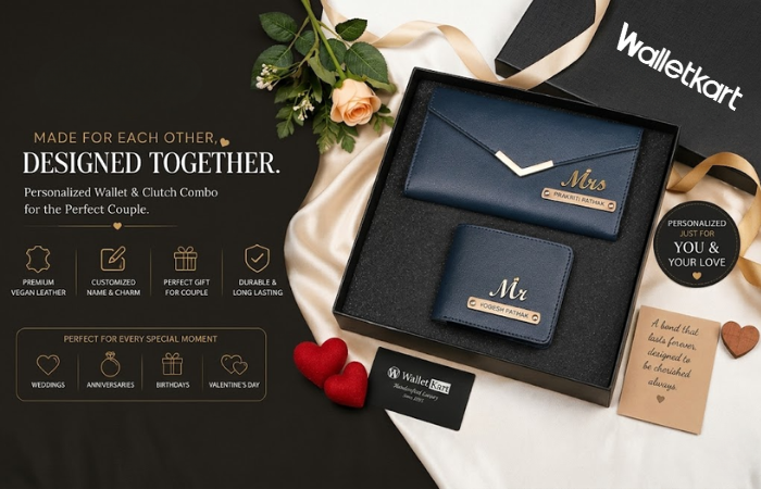 Personalised Leather Name Men’s Wallet & Women’s Clutch Combo for Couple with Name & Charm