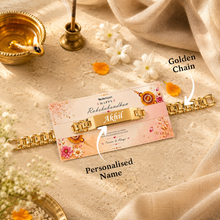 Load image into Gallery viewer, Personalized Genuine Crunch Leather Wallet with Custom Name Golden Chain Rakhi | Premium Raksha Bandhan Gift Box with Roli &amp; Chawal for Brother
