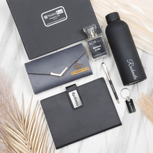 Load image into Gallery viewer, Personalized Leather Name Women&#39;s Clutch Metal Keychain Dairy Pen Perfume and H2GO Bottle | Best Customized ( 6 in 1 ) Gift Combo for Girlfriend Friend Wife Mother &amp; Sister
