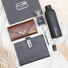 Load image into Gallery viewer, Personalized Leather Name Women&#39;s Clutch Metal Keychain Dairy Pen Perfume and H2GO Bottle | Best Customized ( 6 in 1 ) Gift Combo for Girlfriend Friend Wife Mother &amp; Sister
