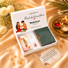 Load image into Gallery viewer, Genuine Leather Cash Wrap Wallet for Men with Custom Name Rudraksha Rakhi, Roli &amp; Chawal| Premium Raksha Bandhan Gift for Brother (Style ID #42)
