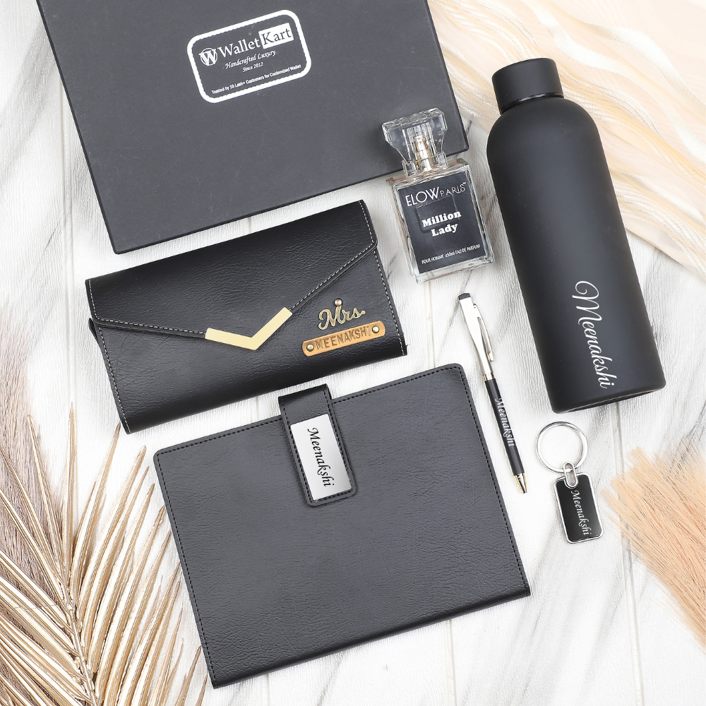 Personalized Leather Name Women's Clutch Metal Keychain Dairy Pen Perfume and H2GO Bottle | Best Customized ( 6 in 1 ) Gift Combo for Girlfriend Friend Wife Mother & Sister