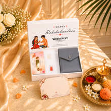 Load image into Gallery viewer, Vegan Leather Pull-Tab Card Holder Wallet for Men &amp; Women with Personalized Rudraksha Rakhi, Roli &amp; Chawal | Slim Wallet | Premium Raksha Bandhan Gift (Style ID #43)
