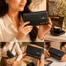 Load image into Gallery viewer, Personalized Women’s Clutch Wallet with Custom Name | Textured Ladies Wallet | 8 Card Slots, ID Window, Zipper Pocket &amp; Cash Compartments | Snap Closure Card Holder
