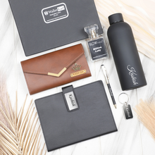 Load image into Gallery viewer, Personalized Leather Name Women&#39;s Clutch Metal Keychain Dairy Pen Perfume and H2GO Bottle | Best Customized ( 6 in 1 ) Gift Combo for Girlfriend Friend Wife Mother &amp; Sister
