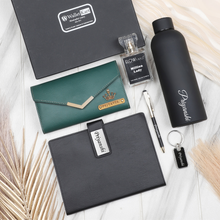 Load image into Gallery viewer, Personalized Leather Name Women&#39;s Clutch Metal Keychain Dairy Pen Perfume and H2GO Bottle | Best Customized ( 6 in 1 ) Gift Combo for Girlfriend Friend Wife Mother &amp; Sister
