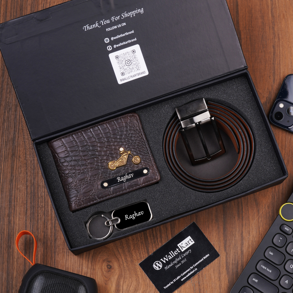 Personalized Crocodile Leather Name Men's Wallet Keychain and Belt | Best Customized Gift Combo for Boyfriend Friend Husband Father & Son