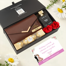 Load image into Gallery viewer, Personalised Gift Set for Women | Clutch with Name &amp; Charm, Perfume &amp; Chocolates Combo | Customized Premium Gift for Her
