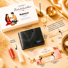 Load image into Gallery viewer, Personalized Genuine Crunch Leather Wallet with Custom Name Golden Chain Rakhi | Premium Raksha Bandhan Gift Box with Roli &amp; Chawal for Brother
