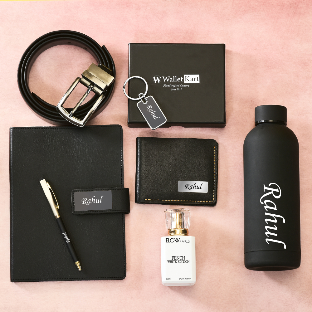 Personalized Genuine Leather Name Men's Wallet Metal Keychain Belt Pen Diary Perfume and  H2GO Bottle |  Customised (7 in 1)  Gift Combo for Boyfriend Friend Husband Father & Son (STYLE ID #17)