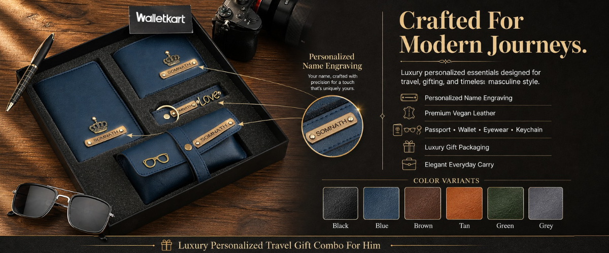 Personalised Men's Wallet, Keychain, Eyewear Case & Passport Cover with Name. & Charm Gift Combo