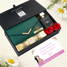 Load image into Gallery viewer, Personalised Gift Set for Women | Clutch with Name &amp; Charm, Perfume &amp; Chocolates Combo | Customized Premium Gift for Her
