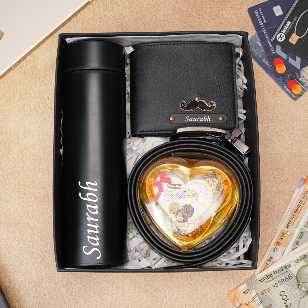 Premium 4-in-1 Birthday Gift Combo for Men Either Boyfriend / Husband – Wallet, Belt, Temperature Bottle & Chocolate