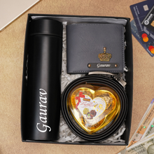Load image into Gallery viewer, Premium 4-in-1 Birthday Gift Combo for Men Either Boyfriend / Husband – Wallet, Belt, Temperature Bottle &amp; Chocolate
