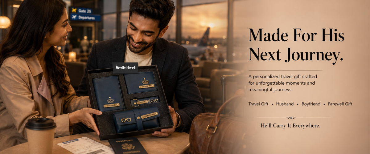 Personalised Men's Wallet, Keychain, Eyewear Case & Passport Cover with Name. & Charm Gift Combo