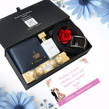 Load image into Gallery viewer, Anniversary Gentleman’s Edition for Boyfriend &amp; Husband – Personalised Leather Men’s Wallet with Name &amp; Charm, Belt, Perfume &amp; Chocolates
