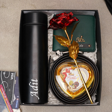 Load image into Gallery viewer, Premium Birthday Gift Combo for Men Boyfriend / Husband on Birthday &amp; Anniversary  – Temperature Bottle, Leather Wallet, Belt, Rose &amp; Chocolate (5 in 1 Combo)
