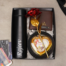 Load image into Gallery viewer, Premium Birthday Gift Combo for Men Boyfriend / Husband on Birthday &amp; Anniversary  – Temperature Bottle, Leather Wallet, Belt, Rose &amp; Chocolate (5 in 1 Combo)
