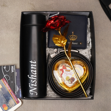 Load image into Gallery viewer, Premium Birthday Gift Combo for Men Boyfriend / Husband on Birthday &amp; Anniversary  – Temperature Bottle, Leather Wallet, Belt, Rose &amp; Chocolate (5 in 1 Combo)

