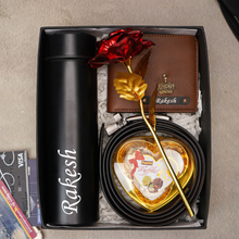 Load image into Gallery viewer, Premium Birthday Gift Combo for Men Boyfriend / Husband on Birthday &amp; Anniversary  – Temperature Bottle, Leather Wallet, Belt, Rose &amp; Chocolate (5 in 1 Combo)
