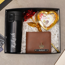 Load image into Gallery viewer, Premium Birthday / Anniversary Gift Combo for Men –  Personalised Travelling Coffee Mug, Leather Name Wallet &amp; Chocolate Surprise
