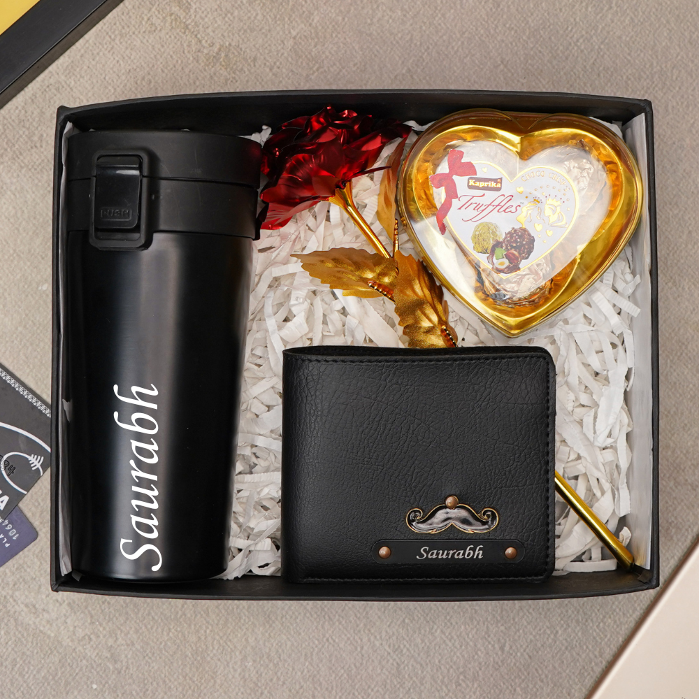 Premium Birthday / Anniversary Gift Combo for Men –  Personalised Travelling Coffee Mug, Leather Name Wallet & Chocolate Surprise