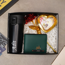 Load image into Gallery viewer, Premium Birthday / Anniversary Gift Combo for Men –  Personalised Travelling Coffee Mug, Leather Name Wallet &amp; Chocolate Surprise
