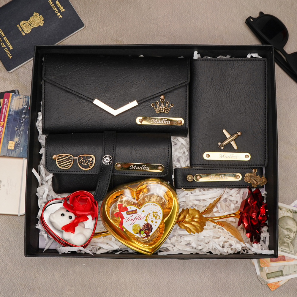 Romantic 7-in-1 Gift Box for Girlfriend / Wife – Personalised Clutch, Passport Cover & Cute Teddy with Chocolates & Rose