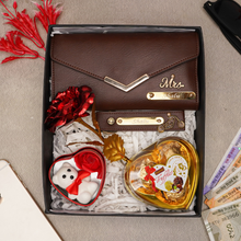 Load image into Gallery viewer, Romantic 5-in-1 Gift Box for Girlfriend – Personalized Clutch, Keychain, Teddy Bear, Rose &amp; Chocolates
