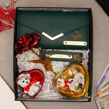 Load image into Gallery viewer, Romantic 5-in-1 Gift Box for Girlfriend – Personalized Clutch, Keychain, Teddy Bear, Rose &amp; Chocolates
