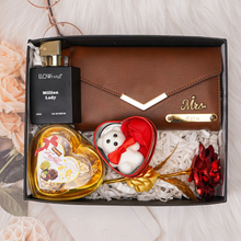Load image into Gallery viewer, Romantic 5-in-1 Gift Box for Girlfriend / Wife – Give Personalized Clutch, Perfume, Teddy Bear, Rose &amp; Chocolates on Birthday &amp; Anniversary

