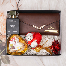 Load image into Gallery viewer, Romantic 5-in-1 Gift Box for Girlfriend / Wife – Give Personalized Clutch, Perfume, Teddy Bear, Rose &amp; Chocolates on Birthday &amp; Anniversary
