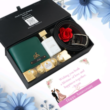 Load image into Gallery viewer, Anniversary Gentleman’s Edition for Boyfriend &amp; Husband – Personalised Leather Men’s Wallet with Name &amp; Charm, Belt, Perfume &amp; Chocolates
